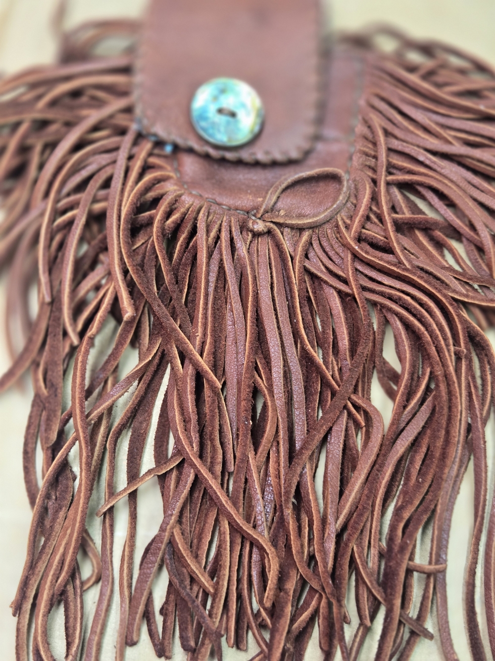 Brown Suede Fringe Belt Pouch with Decorative Button - Picture 2 of 7